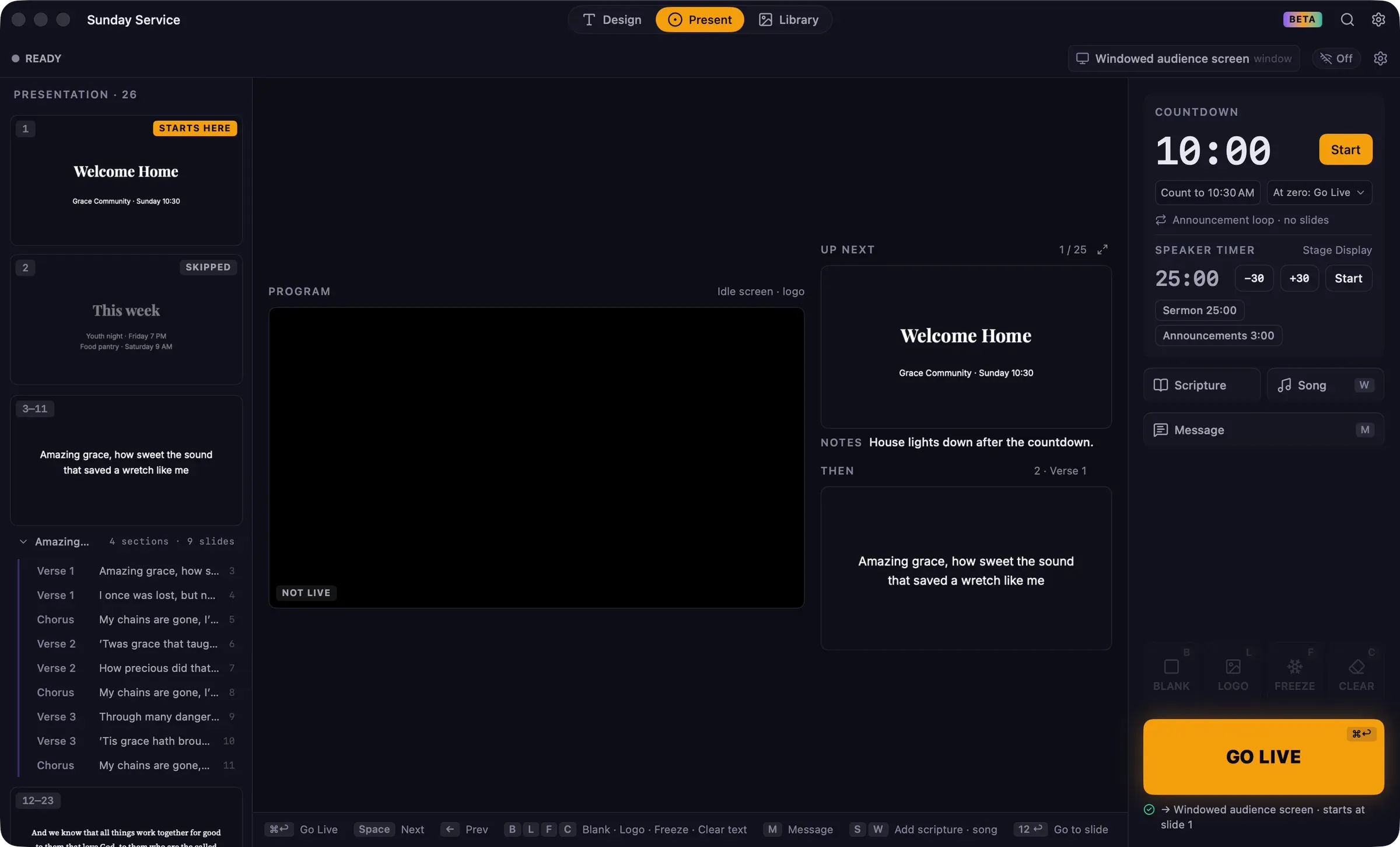 The Timers module before going live, with a 10:00 countdown and its Start button, Count to, At zero: Go Live, the announcement loop line, and the speaker timer below.