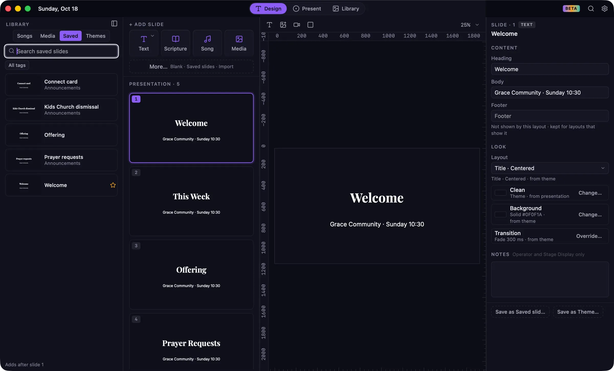 Design with the Library drawer open on the Songs tab, the slide list, the canvas, and the inspector showing a Text slide.