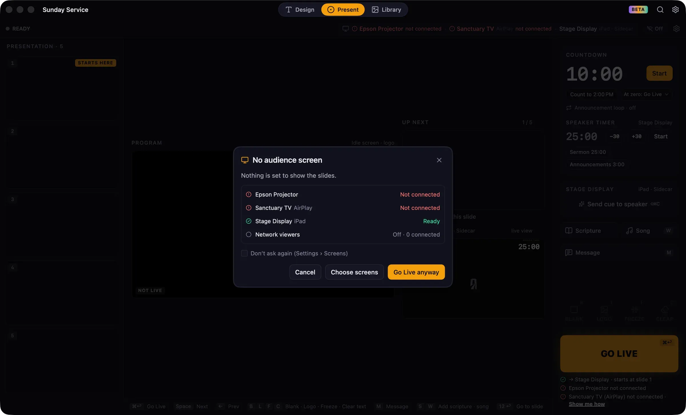 The No audience screen dialog listing each display and its status, with Cancel, Choose screens and Go Live anyway buttons.