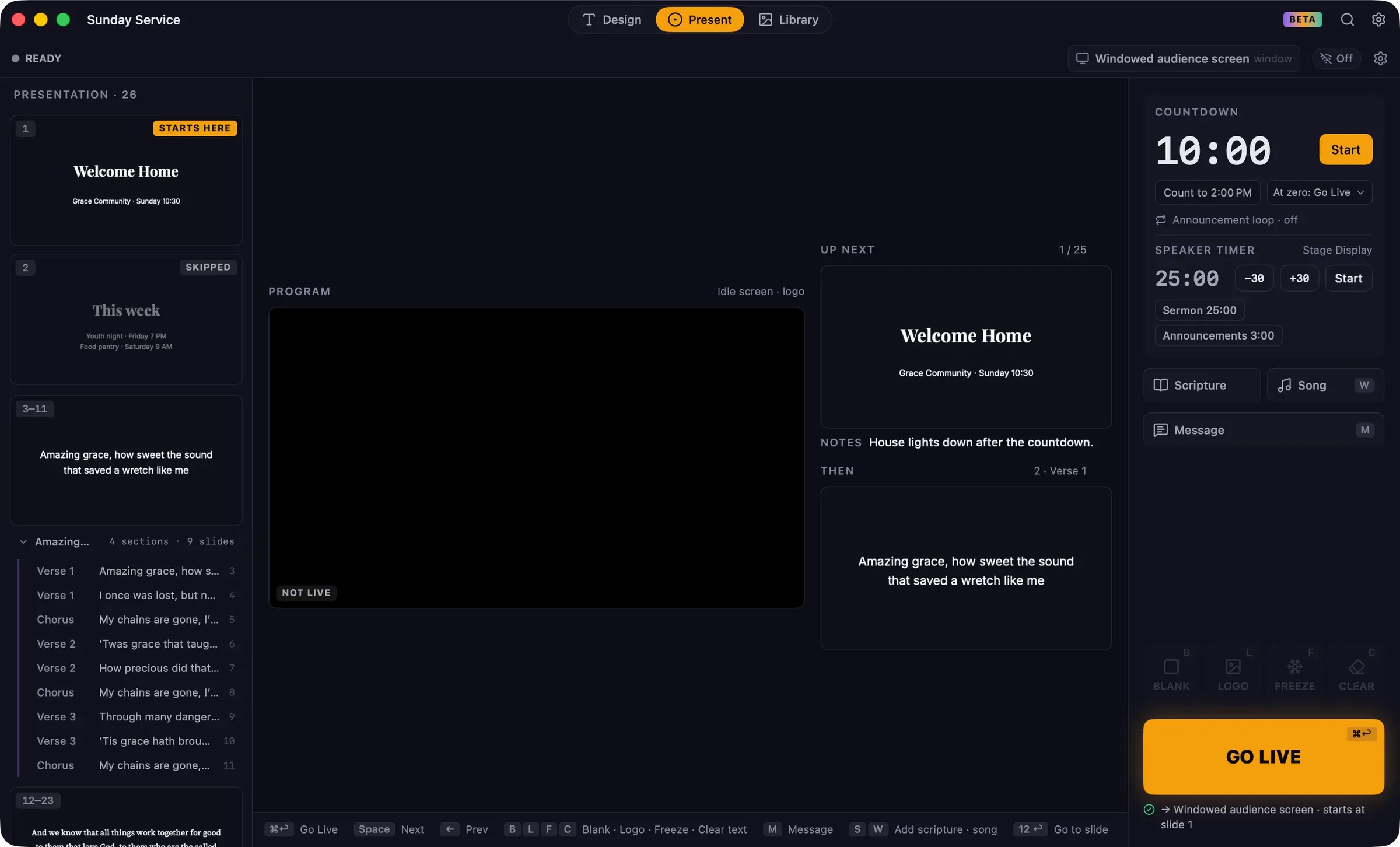 The Present workspace before going live, with the GO LIVE button and the readiness line beneath it.