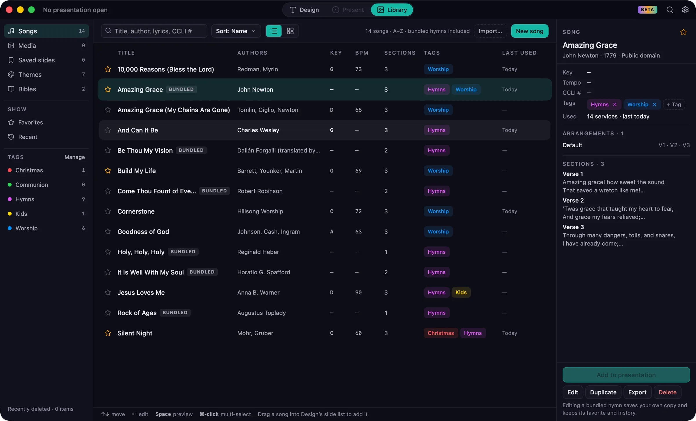 Library › Songs as a list with title, authors, key, BPM, sections, tags and last used columns, the tags list in the sidebar, and Amazing Grace's details on the right.