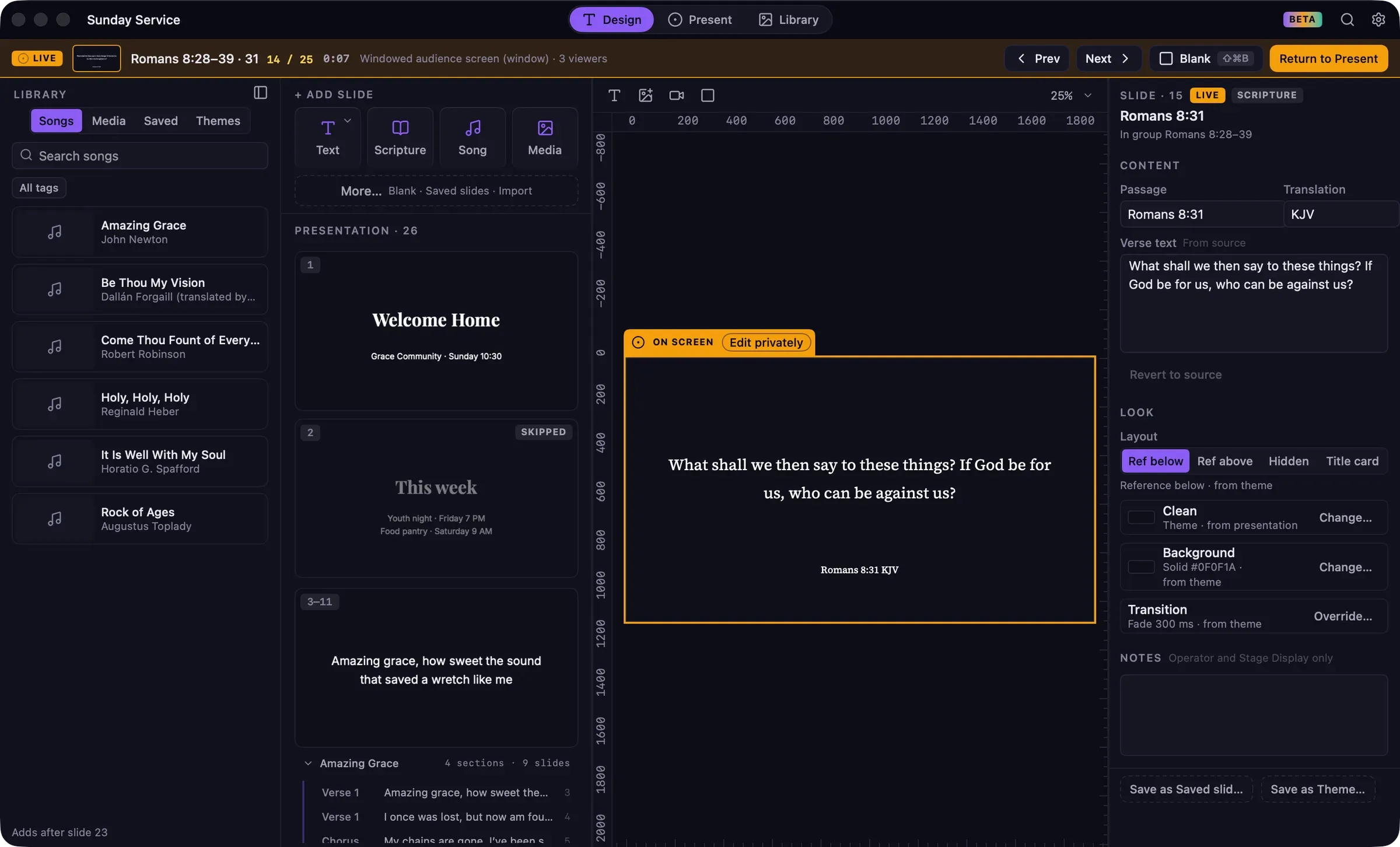 Design while live, with the amber Live bar under the title bar and the live slide on the canvas marked On screen with an Edit privately button.