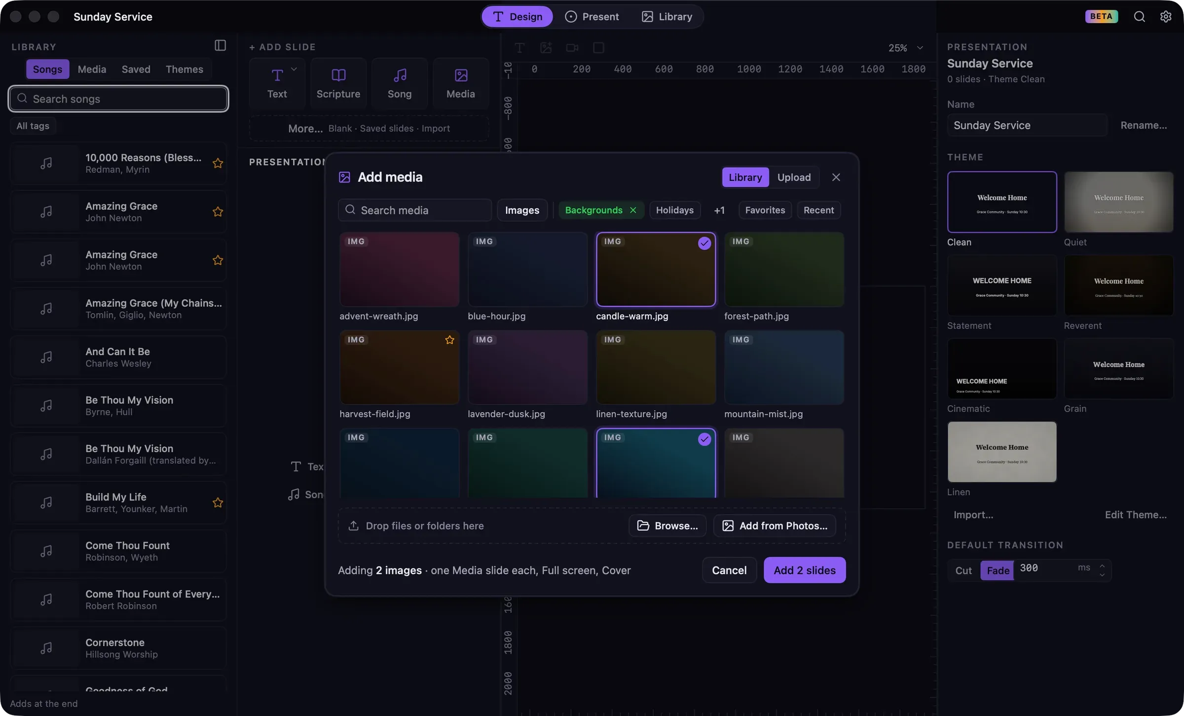 The Add media picker showing the Library tab with a grid of images and videos.