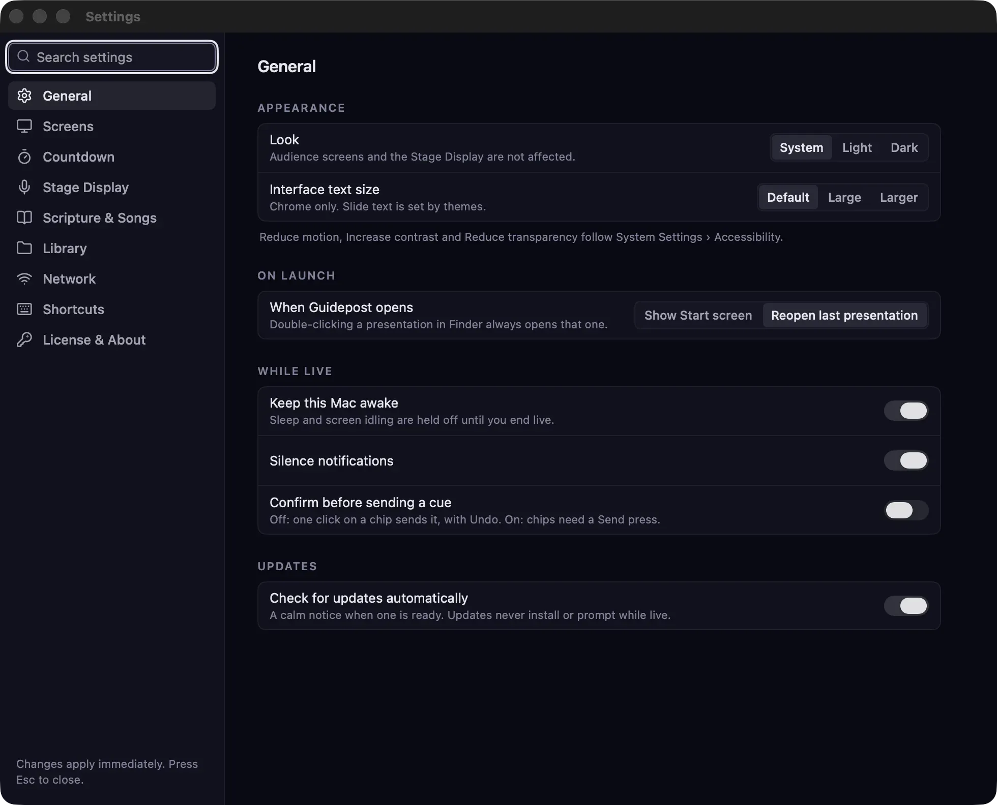 Settings › General with Appearance, On launch, While live and Updates sections.