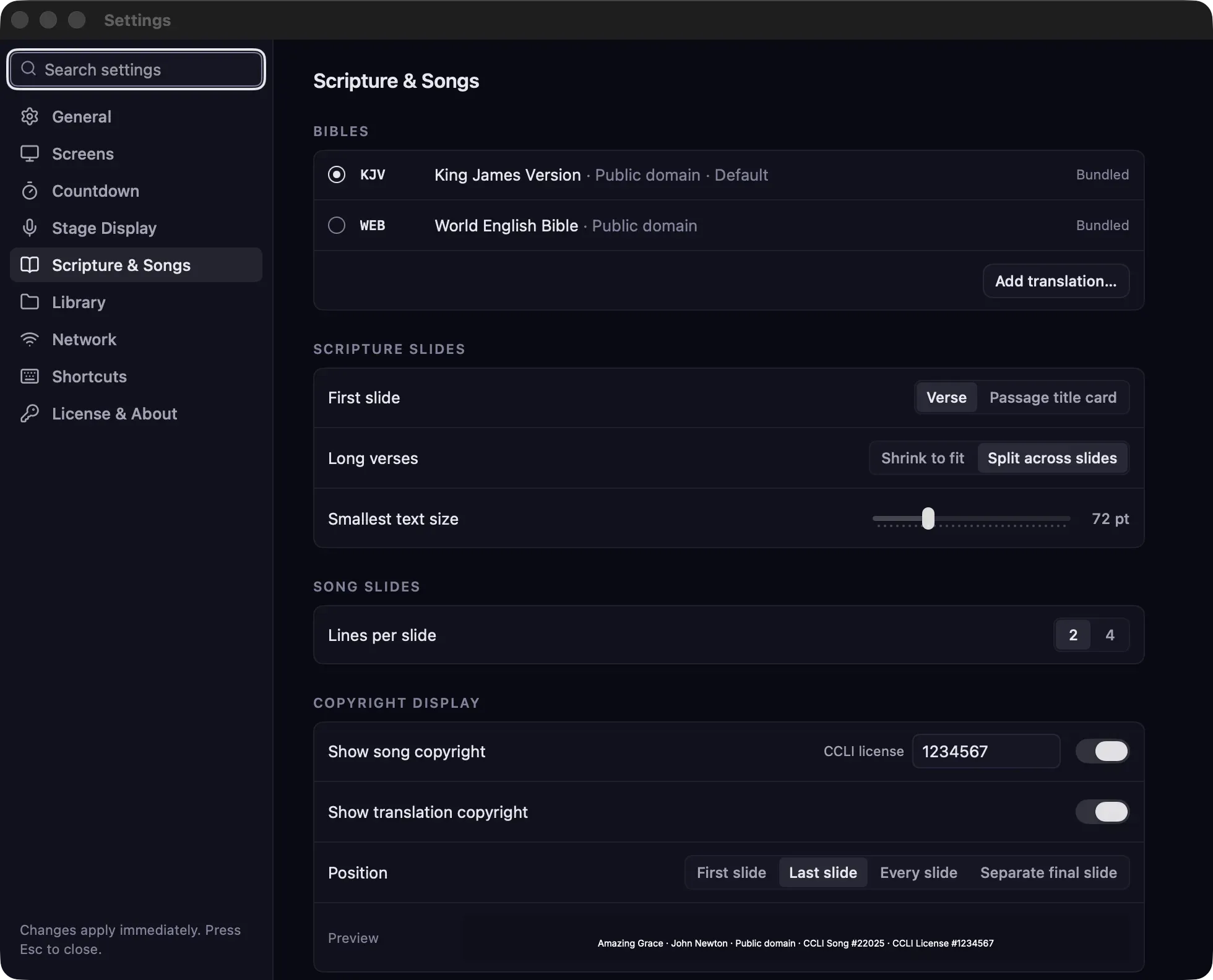Settings › Scripture & Songs with Bibles, Scripture slides, Song slides and Copyright display sections, including a CCLI license number and a preview of the copyright line.