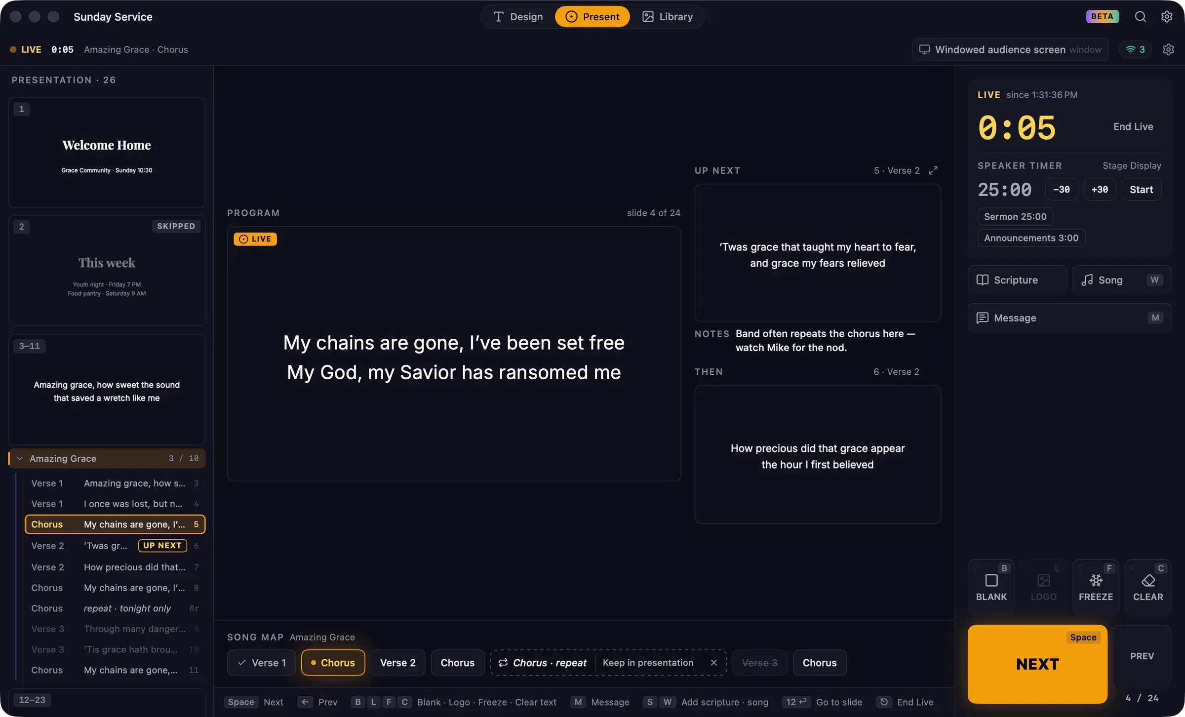 The song map while live on Amazing Grace, with the chorus repeated, marked 'Chorus · repeat' with a Keep in presentation button, and Verse 3 struck through as skipped.