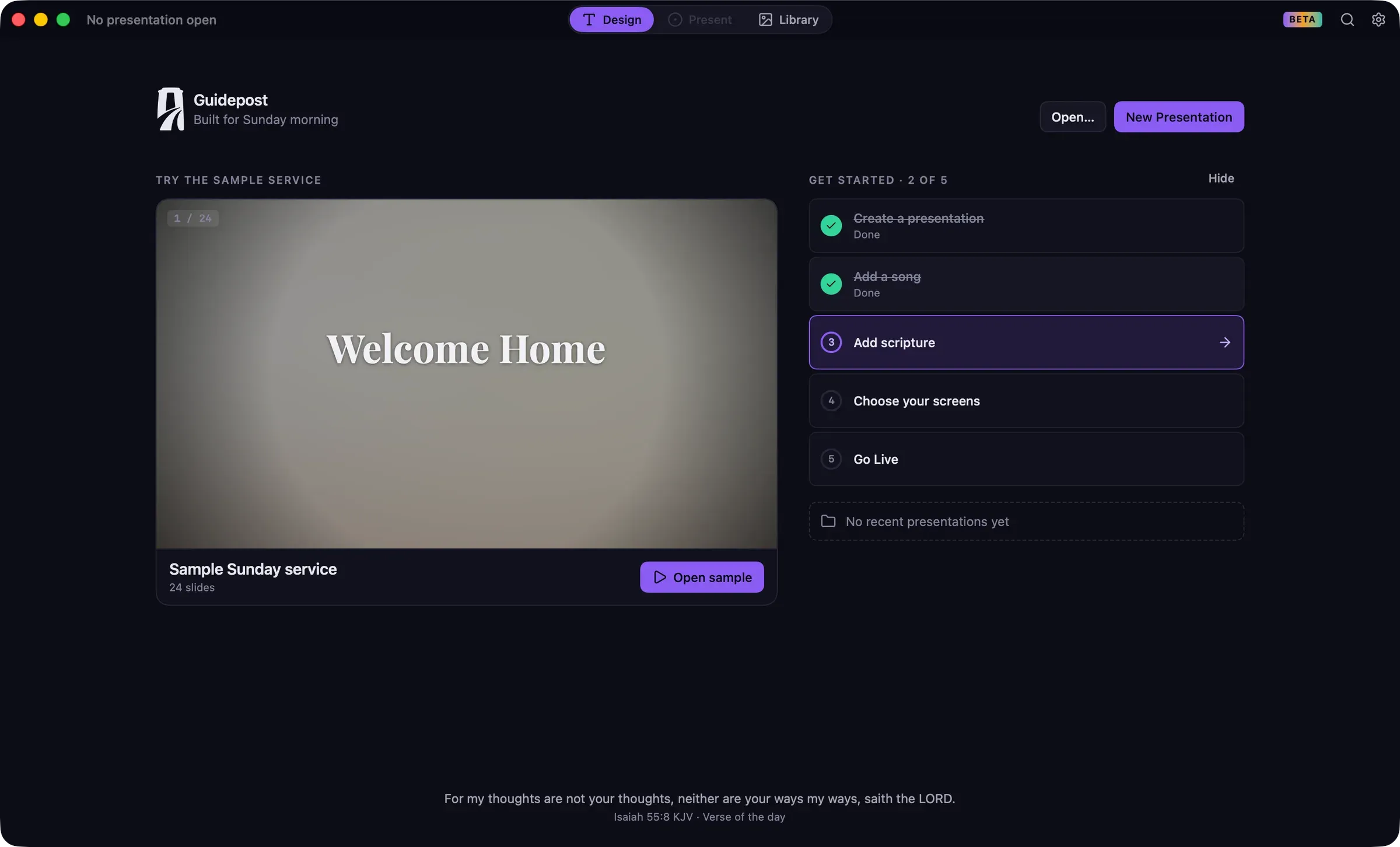 The Start screen with the sample service on the left and the Get started checklist on the right.