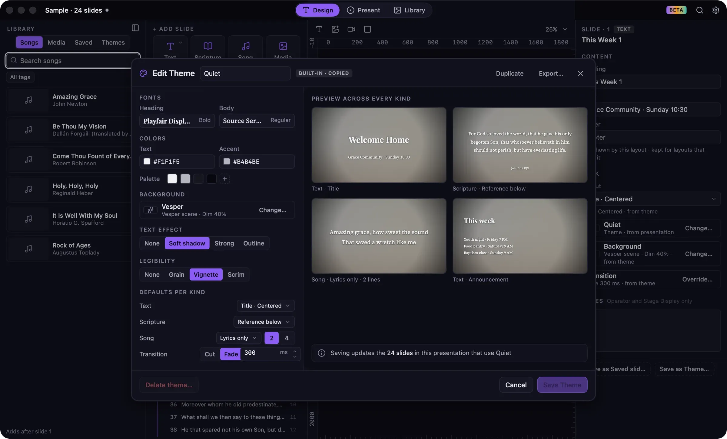 The Edit Theme window for Quiet, with fonts, colors, background, text effect, legibility and per-kind defaults on the left and previews of four slide kinds on the right.